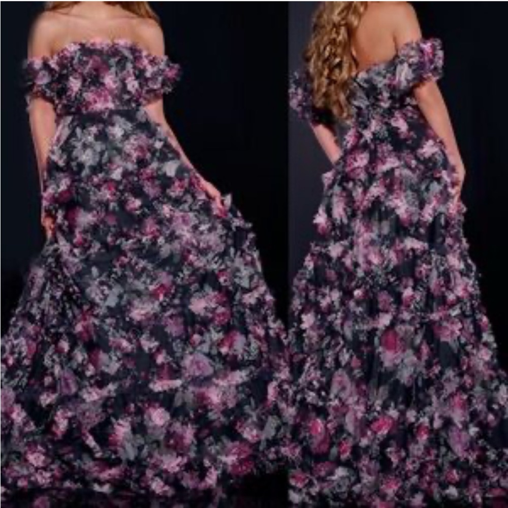JOVANI 40331 | Off the Shoulder Floral Navy Gown | Ruffles | Women’s 6 - Picture 3 of 11